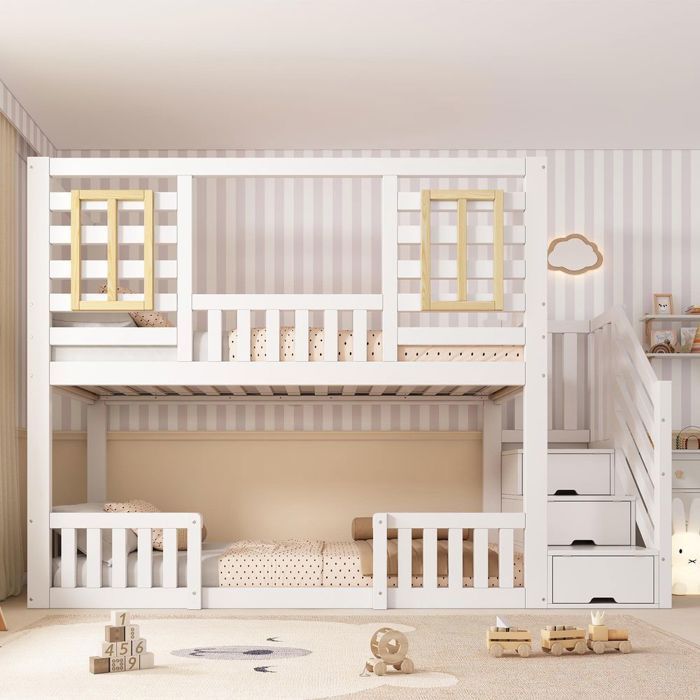 Lit superposé - Cabane - 90x200 cm - Blanc - Armoire-échelle de rangement