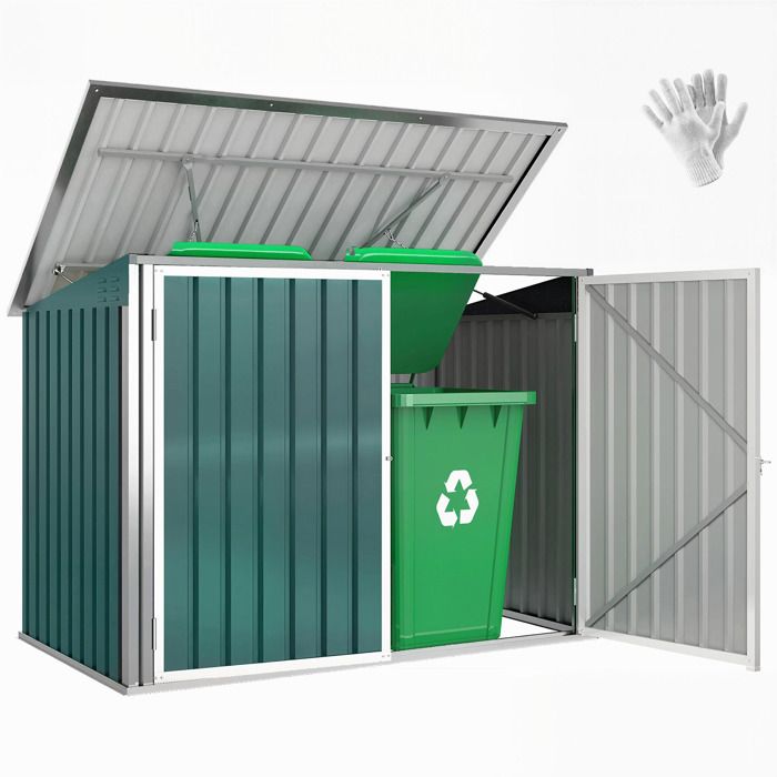 OUTSUNNY Abri de poubelle jardin - cache poubelle - 2 portes verrouillables, toit ouvrant - t&ocirc;le d'acier blanc vert