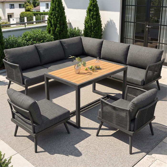 Salon d jardin en L pour 7 personnes ensemble de meubles de jardin avec 1 fauteuil + table basse -structure fer galvanisé- gris Salon d jardin en L pour 7 personnes ensemble de meubles de jardin avec 1 fauteuil + table basse -structure fer galvanisé- gris