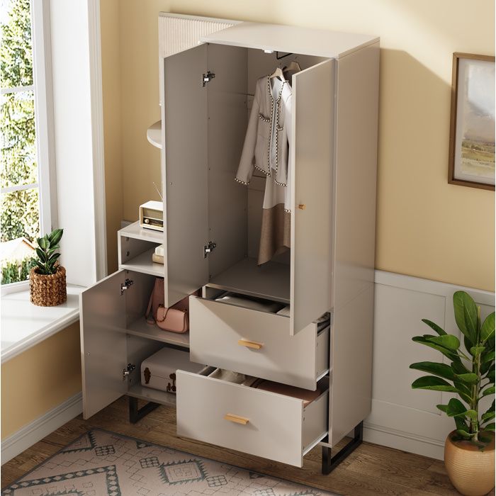 Vestiaire d’entrée avec penderie EVRYAE 110 x 38 x 186 cm 2 tiroirs rangements ouverts MDF beige et gris