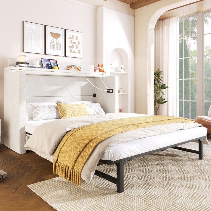 Lit escamotable double 140x200 lin beige tiroir rangement ports USB Type-C convertible sans matelas