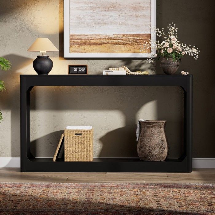 Table dappoint incurvée noire 140x30x79cm deux niveaux rangement pour canapé entrée couloir vestibule salon Table dappoint incurvée noire 140x30x79cm deux niveaux rangement pour canapé entrée couloir vestibule salon