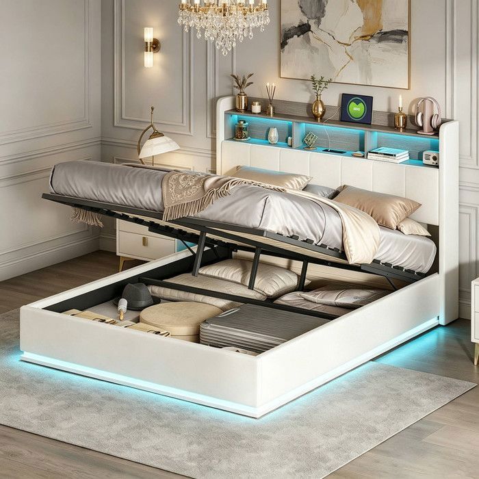 Lit coffre 140x190cm avec LED et USB lit adulte capitonné avec tête de lit coffre lit double avec sommier à lattes velours beige