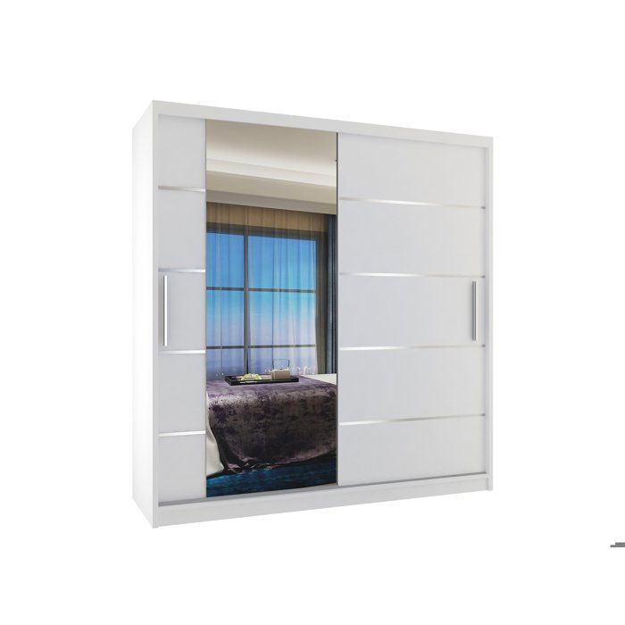 BELINI Grande Armoire 2 Portes Coulissantes VERONA MBP 158 cm - Blanc Mat - Miroir Intégré & 2 Tiroirs - Chambre Adulte