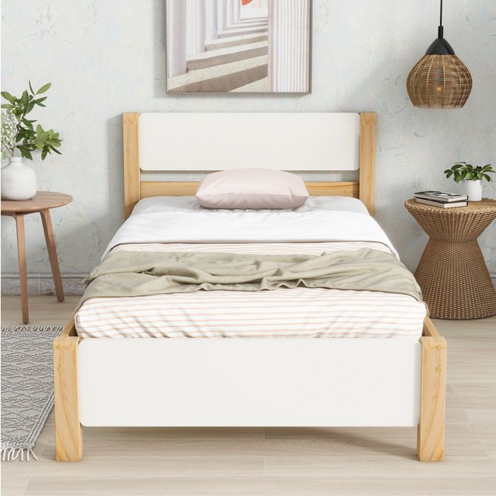 Lit Simple 90 X 200 Cm En Pin Et MDF Avec Sommier À 15 Lattes Tête Et Pied De Lit Blanc Et Bois Naturel Avec Pieds Centraux