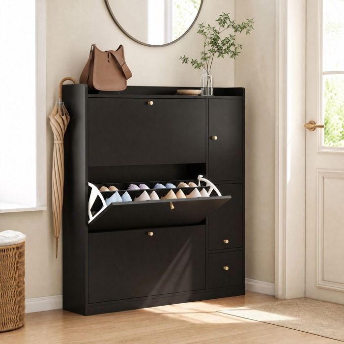 Meuble à chaussures d’entrée 3 tiroirs abattants avec banc rabattable noir panneau de particules 119 x 24 x 122 cm ORVRYN
