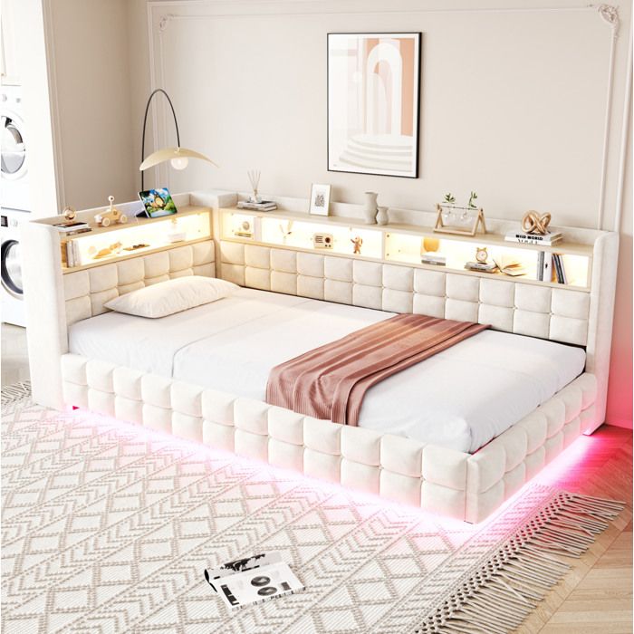 Lit combiné 90 x 200 cm en velours beige avec coffre hydraulique étagères LED prise USB et USB-C