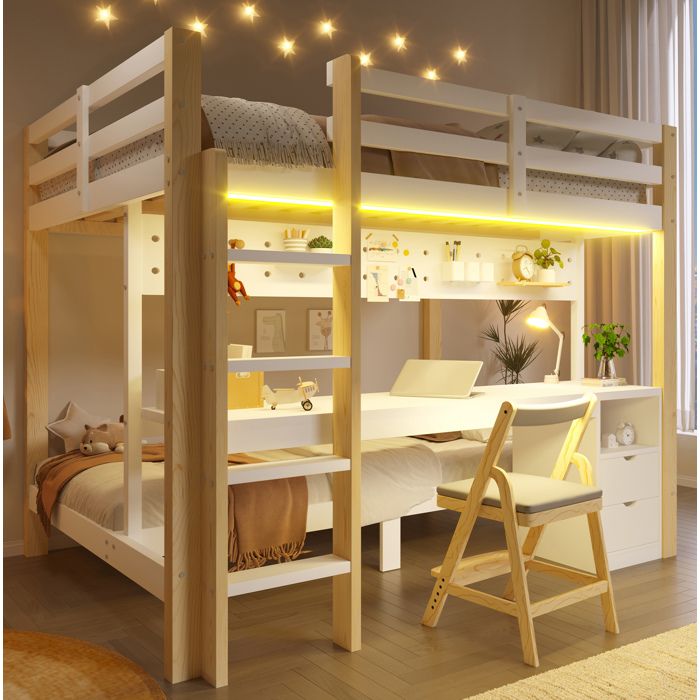 COVREO Lit mezzanine 140x200 et 90x200 avec bureau tiroirs panneau perforé LED pin blanc et naturel