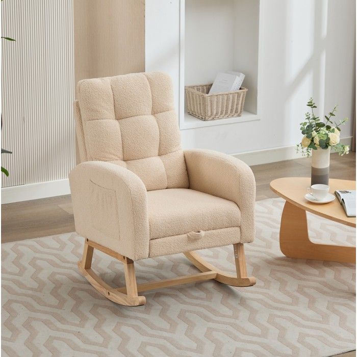 Rocking-chair 1 Place avec Dossier Haut et Repose-Pieds Escamotable - TCQPZ - Poche Latérale Tissu Teddy Beige