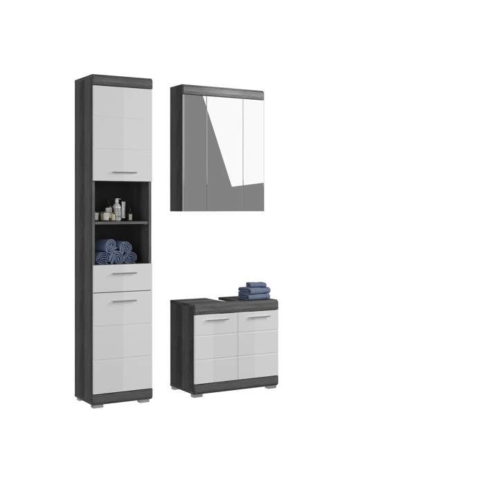 [en.casa] Scout ensemble de meubles de salle de bain blanc brillant et argent fumé 112 x 34 x 191 cm