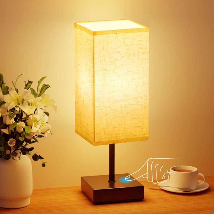 Lampe de Chevet Tactile Luminosité Réglable Fonction Mémoire Abat-jour en Tissu de Lin Petite Lampe de Table pour Chambre Salo
