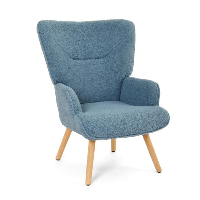 GOEURVANT Fauteuil Lounge Scandinave Tissu Teddy Bleu Dossier Haut Salon Pieds Bois Confortable à Accoudoirs