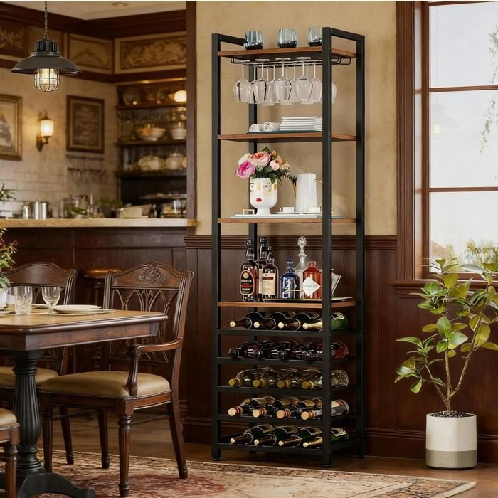 Meuble bar avec porte-verres support 20 bouteilles et 4 étagères - YEAVIO - Industriel métal et bois 45×35×180 cm