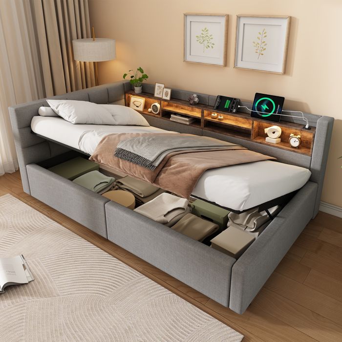 Lit banquette coffre 90x200 cm ouverture hydraulique LED multicolore dimmable étagères port USB tête réversible gris