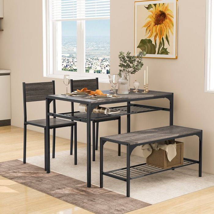 Set table 4pcs industriel gris 2 chaises + banc rangement intégré cadre métal robuste gain de place 110x65x76cm