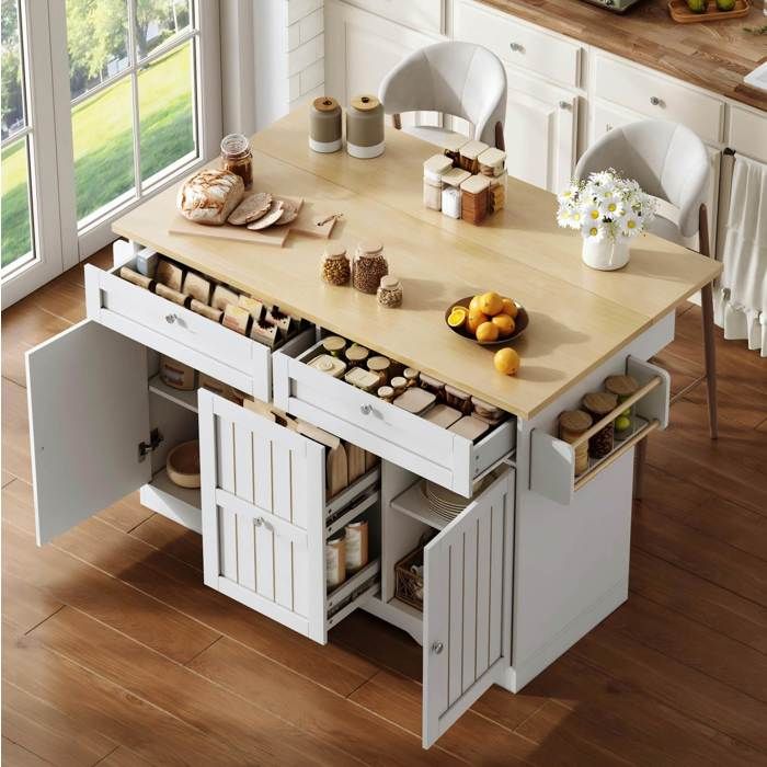 Îlot central mobile VUENOR 120 x 45 x 92 cm blanc et naturel avec plateau rabattable