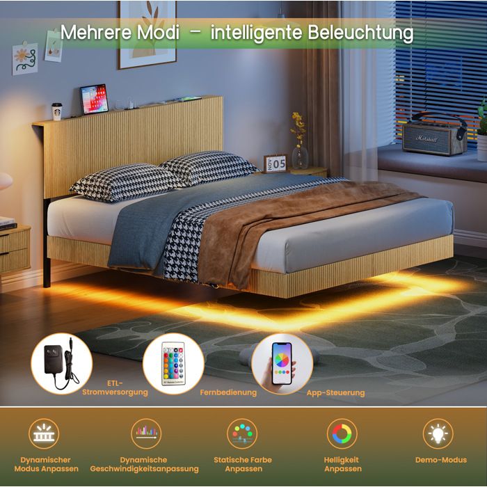 Lit 180 x 200 cm design flottant avec LED RGB habillage rainuré aspect chêne clair et structure en métal