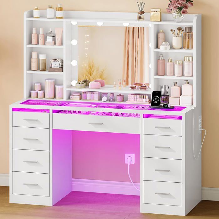 Grande Coiffeuse Avec Miroir Plateau En Verre+Rgb Luminosité&3 Couleurs Réglables Coiffeuse Avec Prise 9 Tiroirs 7 Étagères Table