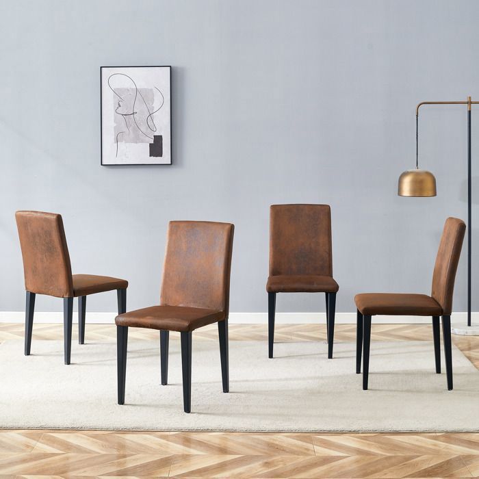Lot de 4 Chaises Salle à Manger Marron en Tissu Effet Suédine Pieds Métal Noir Style Industriel Chaise de Cuisine Ergonomique
