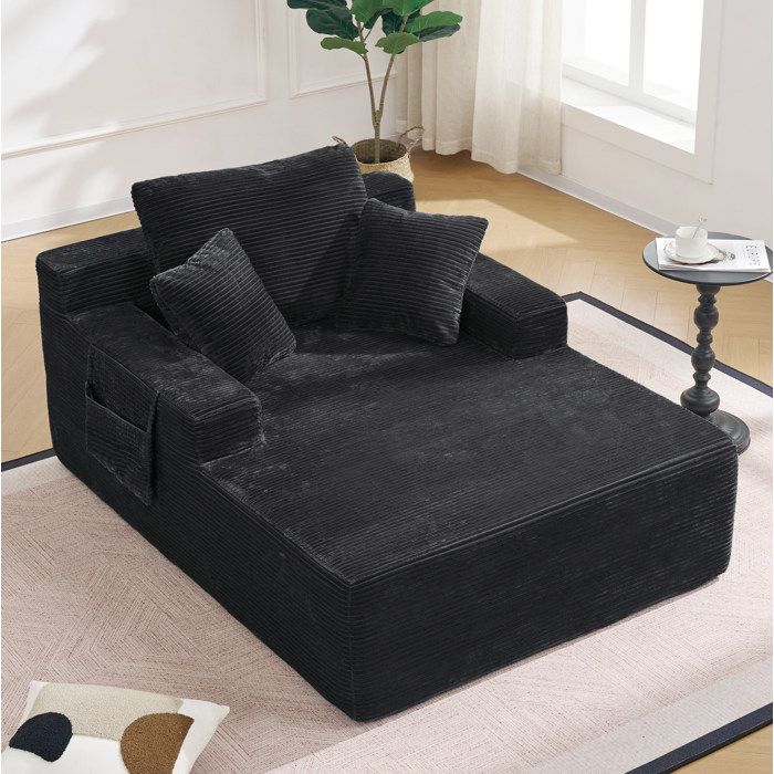 Maisentiel canapé fixe 1 place méridienne en velours côtelé noir 150 x 110 x 70 cm avec poche latérale