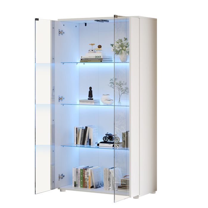 Vitrine avec 2 portes vitrées 4 étagères et un éclairage LED au design moderne adapté au salon blanche 80 × 36 × 150 cm
