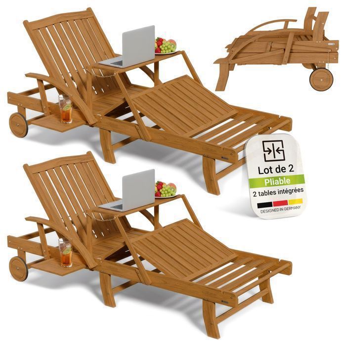 Lot de 2 Bains de Soleil Pliables Juskys SunScape en Bois d’Acacia - Dossier Réglable 4 Positions - 196 x 72 5 x 30 cm