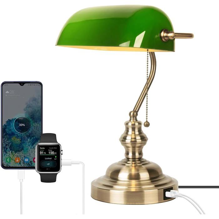 Lampe Banquier Verte Lampe de Bureau Vintage/Lumiere Bureau/Lampe de Lecture/avec Port USB et Interrupteur Câble Usb LAMPE A POSER