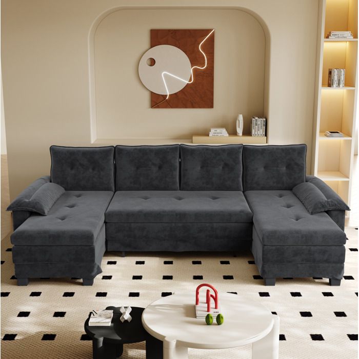 Canapé-lit U gris 278 x 127 x 87 cm convertible USB chenille modulable 4 places coussins amovibles