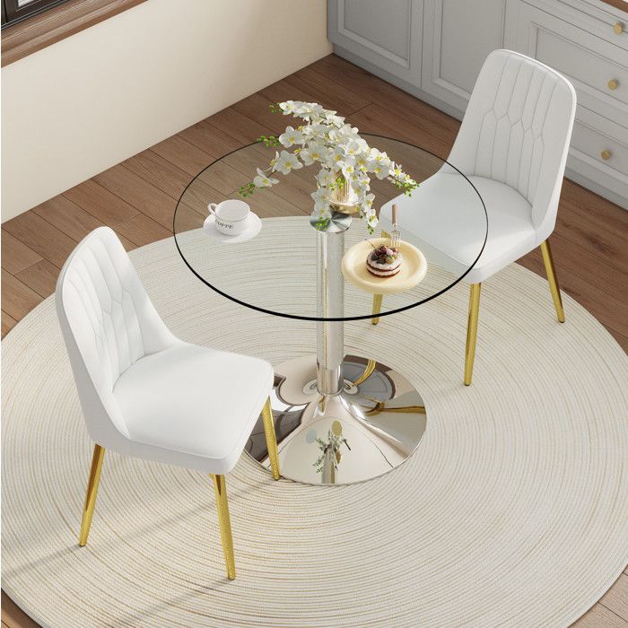 Ensemble Table Et Chaises de Salle à Manger avec 1 Table Ronde En Verre et 2 Chaises en PU - Métal Blanc Doré Argenté