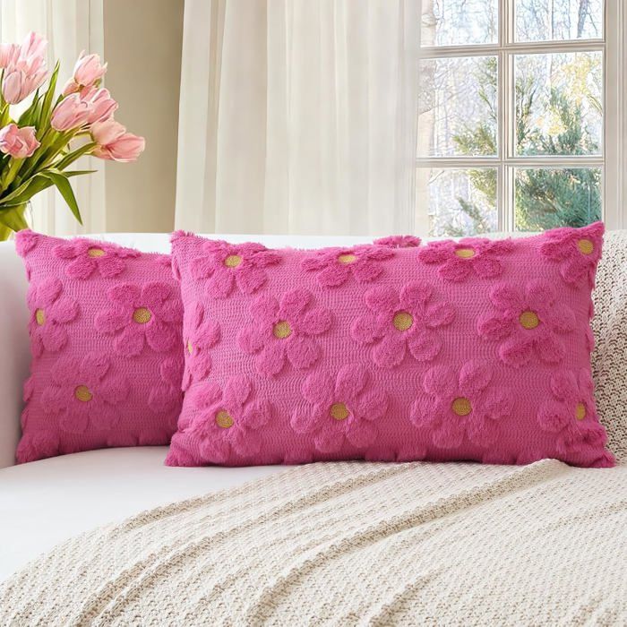 Lot de 2 housses de coussin 30 x 50 cm en fausse laine et velours - fleurs rouges zip caché