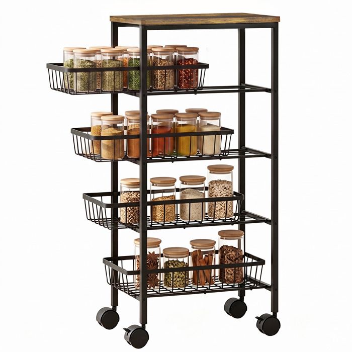 Desserte de cuisine à roulettes avec 4 paniers extractibles - 40 x 24 x 81 5 cm - Marron