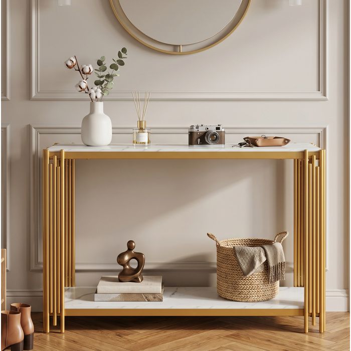 Table Console d’Entrée avec 2 Étagères Ouvertes Effet Marbre Blanc Structure Métallique Dorée 123 5×33 5×80 cm