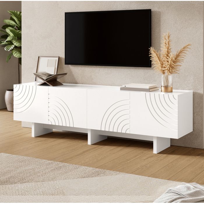 Meuble TV 170 cm blanc 4 portes à motif géométrique relief 3D rangements et passe-câbles