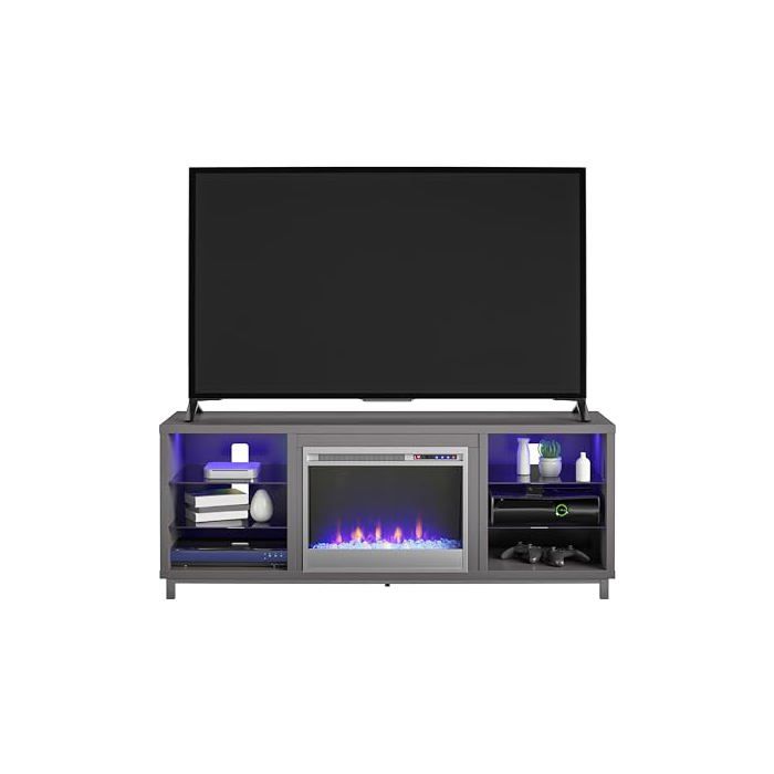 Meuble TV avec cheminée - AMERIWOOD HOME - Lumina - Insert 58 cm remplaçable - Télécommande & minuterie - LED multicolores