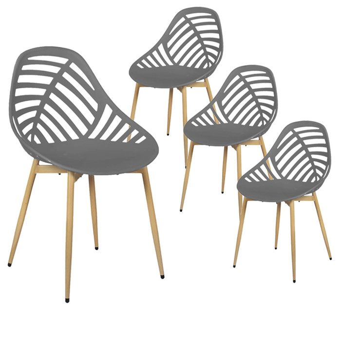 SAORI - Lot de 4 Chaises de Jardin Coque Plastique Ajourée Gris Pieds Métal SAORI - Lot de 4 Chaises de Jardin Coque Plastique Ajourée Gris Pieds Métal