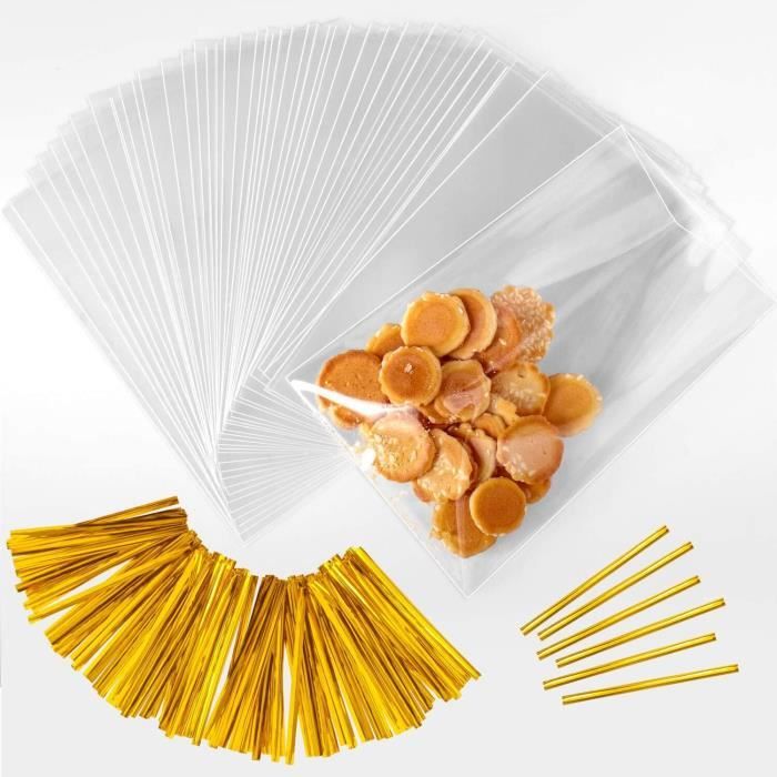 200 Sachets Plastique Transparents 14x20cm Avec Liens Dor√©s - Pour Bonbons, Biscuits, Cadeaux Et Mariages - 12