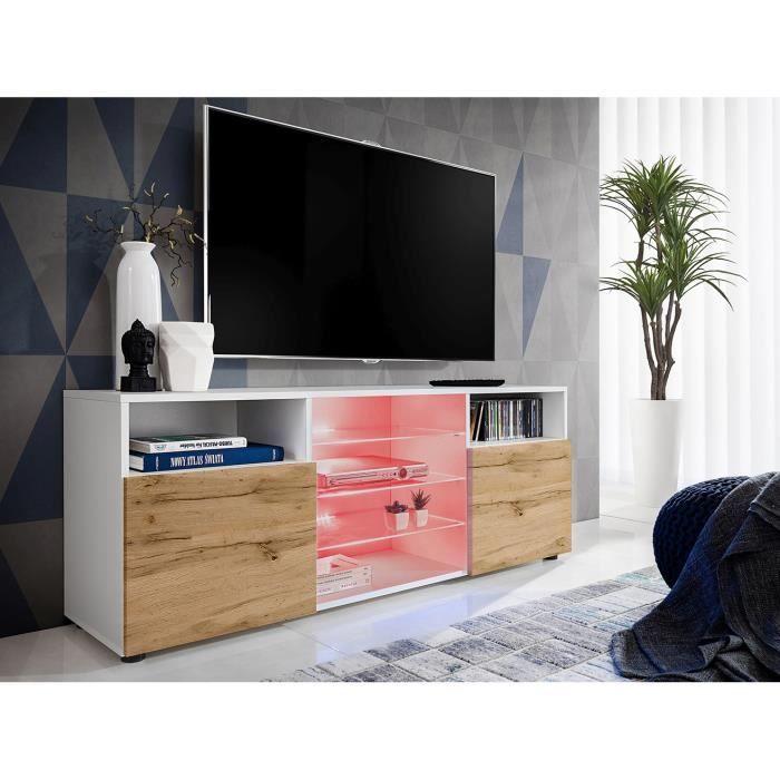 Meuble Banc TV Urbino Komodee - LED RGB - Bois Naturel Mat et Blanc - Facades en Mat - 140 x 53 x 35 cm Meuble Banc TV Urbino Komodee - LED RGB - Bois Naturel Mat et Blanc - Facades en Mat - 140 x 53 x 35 cm