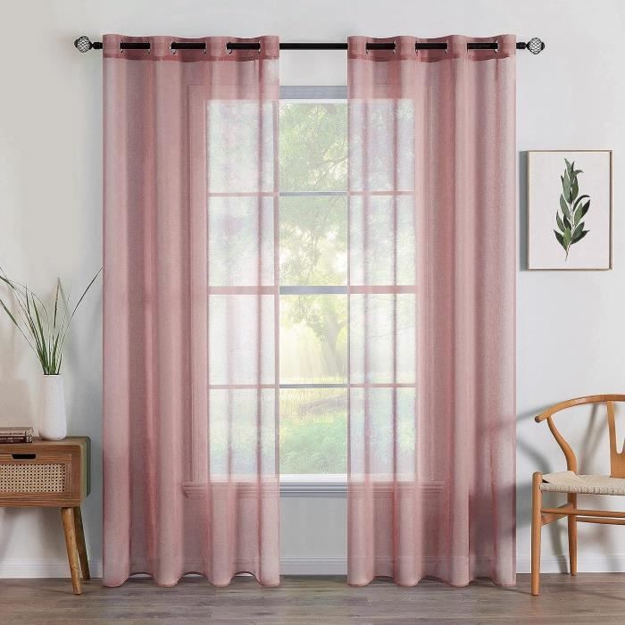 Rideaux Voilages Semi-transparents 70 X 170 Cm - Effet Lin, Rose | Pour Salon, Chambre, Décoration Romantique