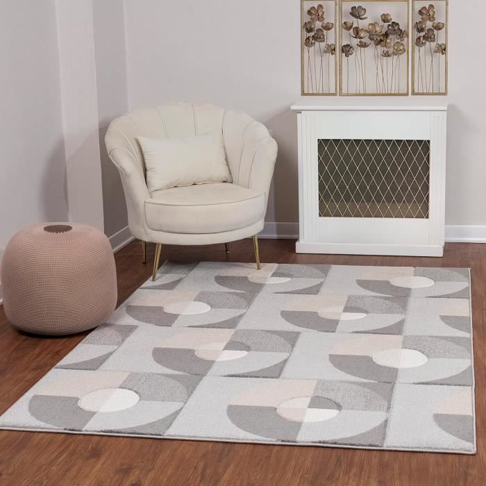 Tapis D'Extérieur Terrasse Balcon 120x170 Cm - Polypropylène Résistant Aux Intempéries - Motif Géométrique Scandinave Gris/Ivoire - Pour Intérieur/Extérieur, Facile D'Entretien - 5