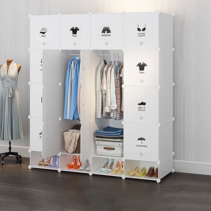 YIS Armoire Penderie Grande Capacité Cube Multi-rangements 16 Cubes + 4 Étagères - 147 x 36 x 165 cm Blanc