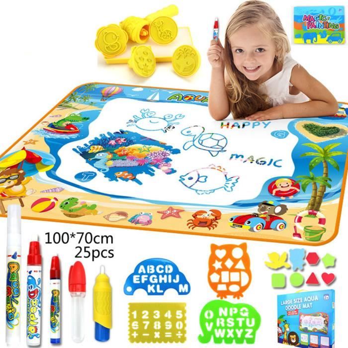 Aquadoodle Tapis De Dessin à Eau – 80x100 Cm, Réutilisable, Océan, 13 Outils, Dès 1 An