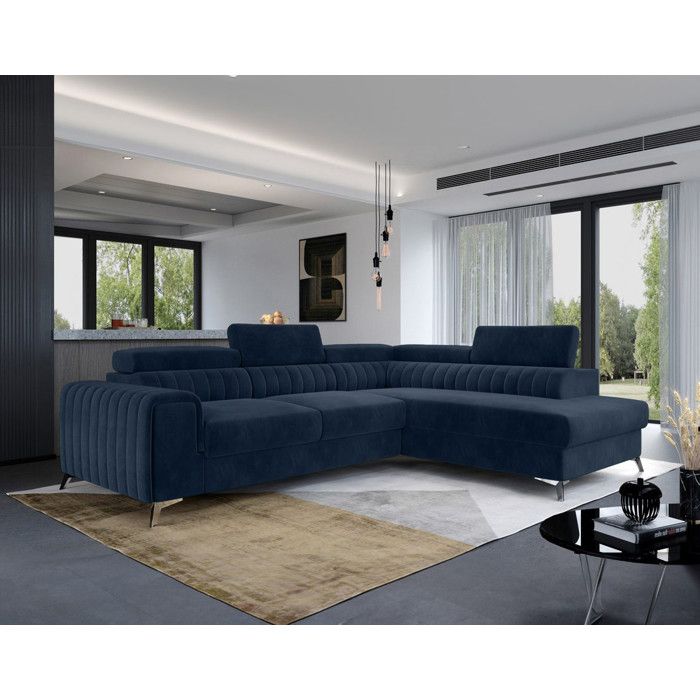 Talisay - canapé dangle droit - 5 places - convertible avec coffre - en velours - Bleu marine
