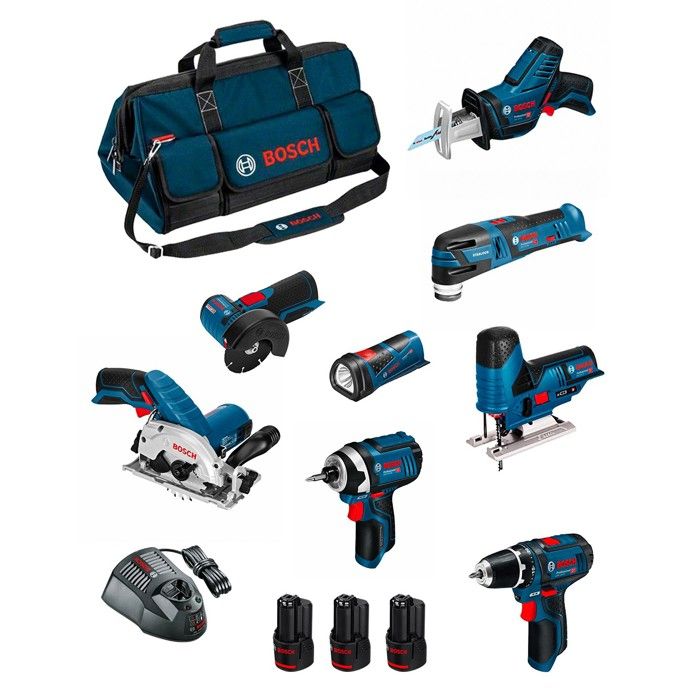 BOSCH Kit BMKB8 28BD3 GSR12V 15+GDR12V 105+GKS12V 26+GWS12V 76+GST12V 70+GOP12V 28+GSA12V 14+GLI12V 80+3x2 0Ah+GAL1230CV+HDBAG