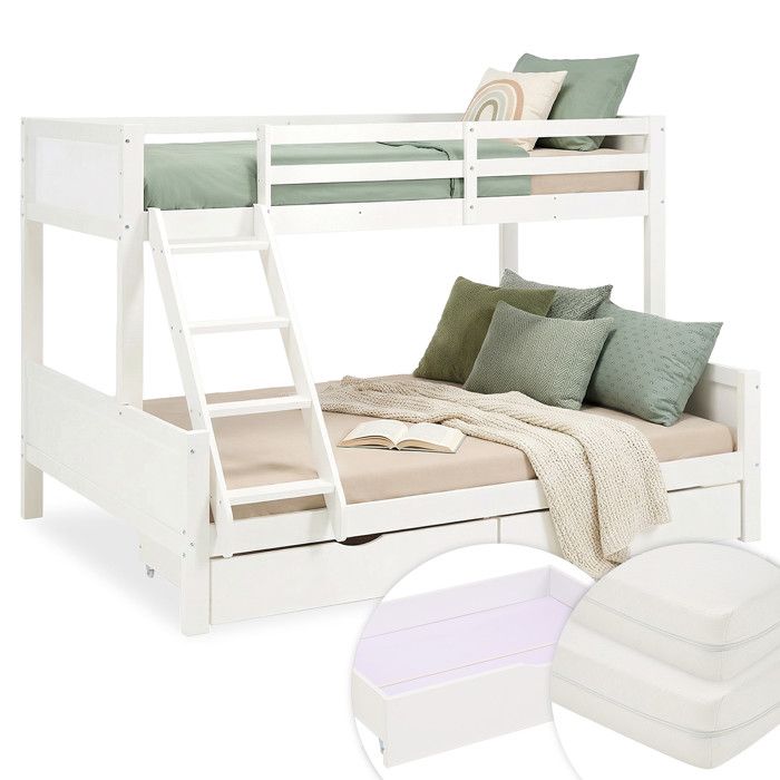Lit superposé 3 places enfant en bois blanc 90x200 + 140x200 cm avec 2 matelas 2 tiroirs de lit et barrières de sécurité Lit superposé 3 places enfant en bois blanc 90x200 + 140x200 cm avec 2 matelas 2 tiroirs de lit et barrières de sécurité