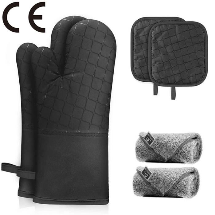 Lot De 3 Gants De Four Et Maniques - Résiste Jusqu'à 260°C, Antidérapants, Avec Cordon De Suspension (Pour Four, BBQ, Cuisine)