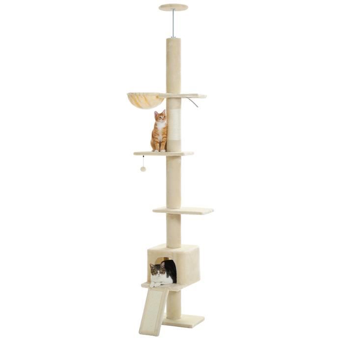 Comparer les prix de PAWZ Road Arbre a Chat au Plafond Ajustable 216-273 cm, Arbre à Chat avec Hamac & Condo & Ceinture Anti-Chute, Beige.
