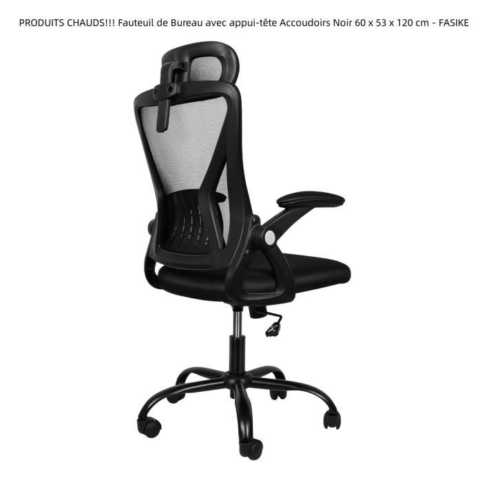 Fauteuil de Bureau Ergonomique - FASIKE - Noir - Réglable en hauteur - Avec accoudoirs - A roulettes
