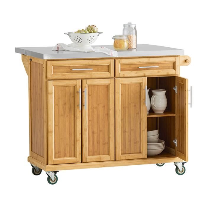 SoBuy® FKW69-N Desserte sur roulettes Meuble de Cuisine de Service Roulant en Bambou - Plans de Travail en Acier INOX Rabattables