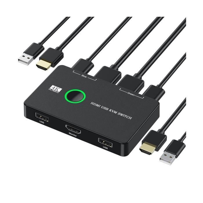 Commutateur KVM HDMI 4K 60Hz - 2 Ports, 2 PC Sur 1 écran + Clavier/souris (avec Câbles)