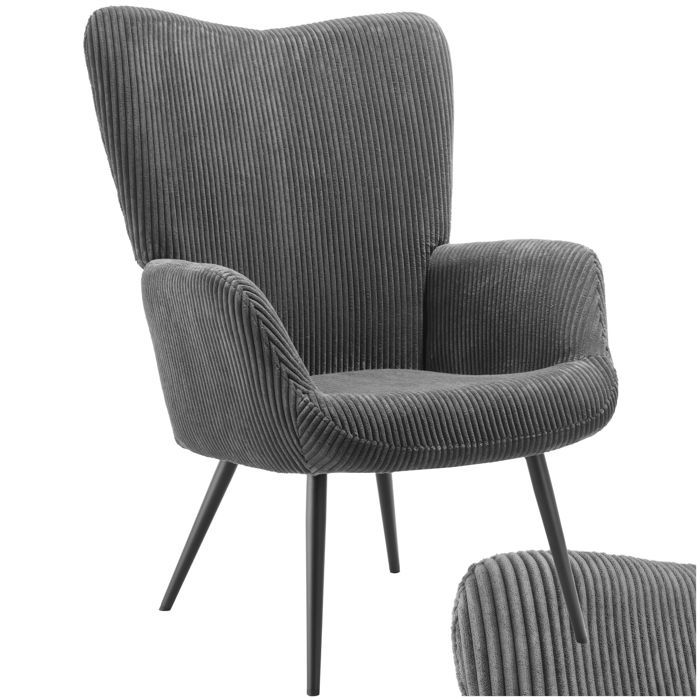Chaise - TECTAKE - Fauteuil HYGGE rembourré en acier et polyester à laspect velours côtelé 72 x 76 x 1005 cm - Anthracite/Noir